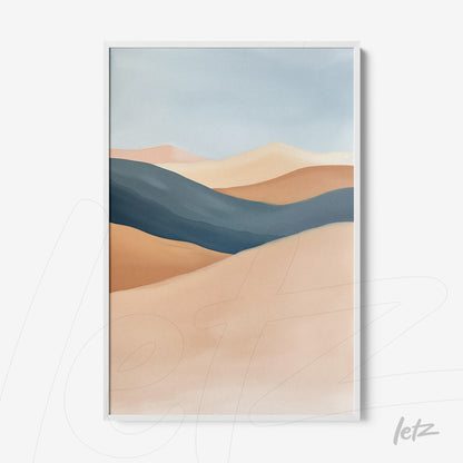 framed abstract art of soft landscape with dunes in shades of blue and beige