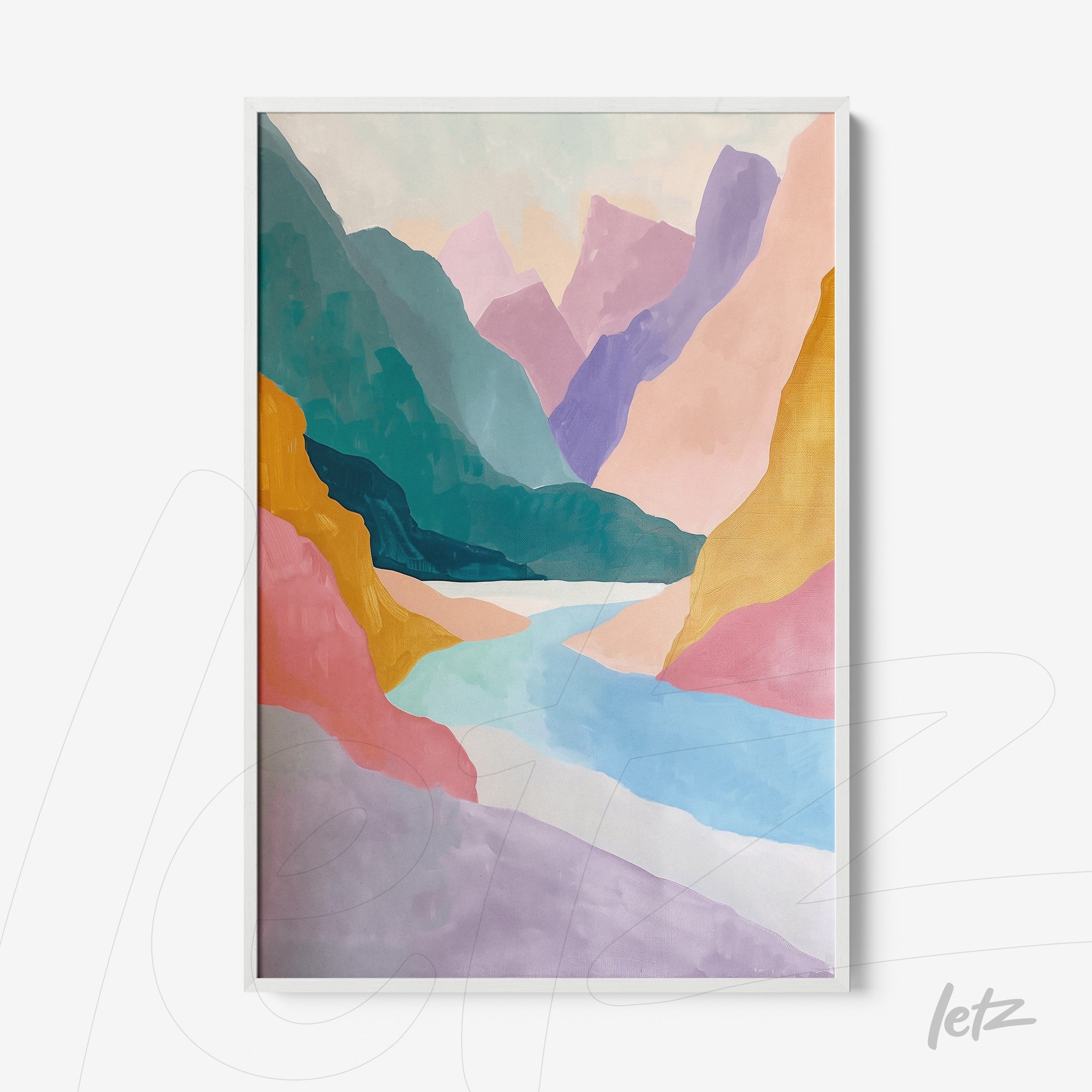 abstract framed art of a mountainous landscape with a white frame