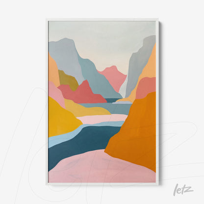 abstract landscape wall art in pastel colors with white frame