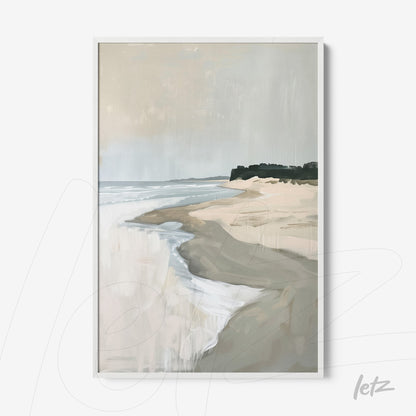 framed wall art featuring a serene beach landscape with light sand and calm sea