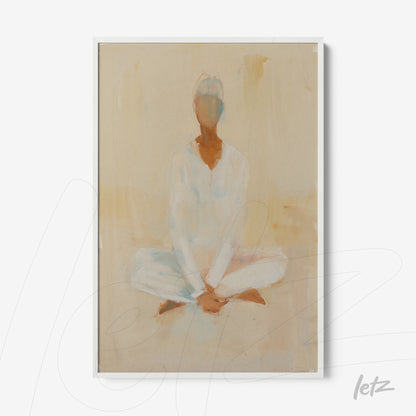 framed artwork featuring an abstract figure in a meditative pose with neutral tones background