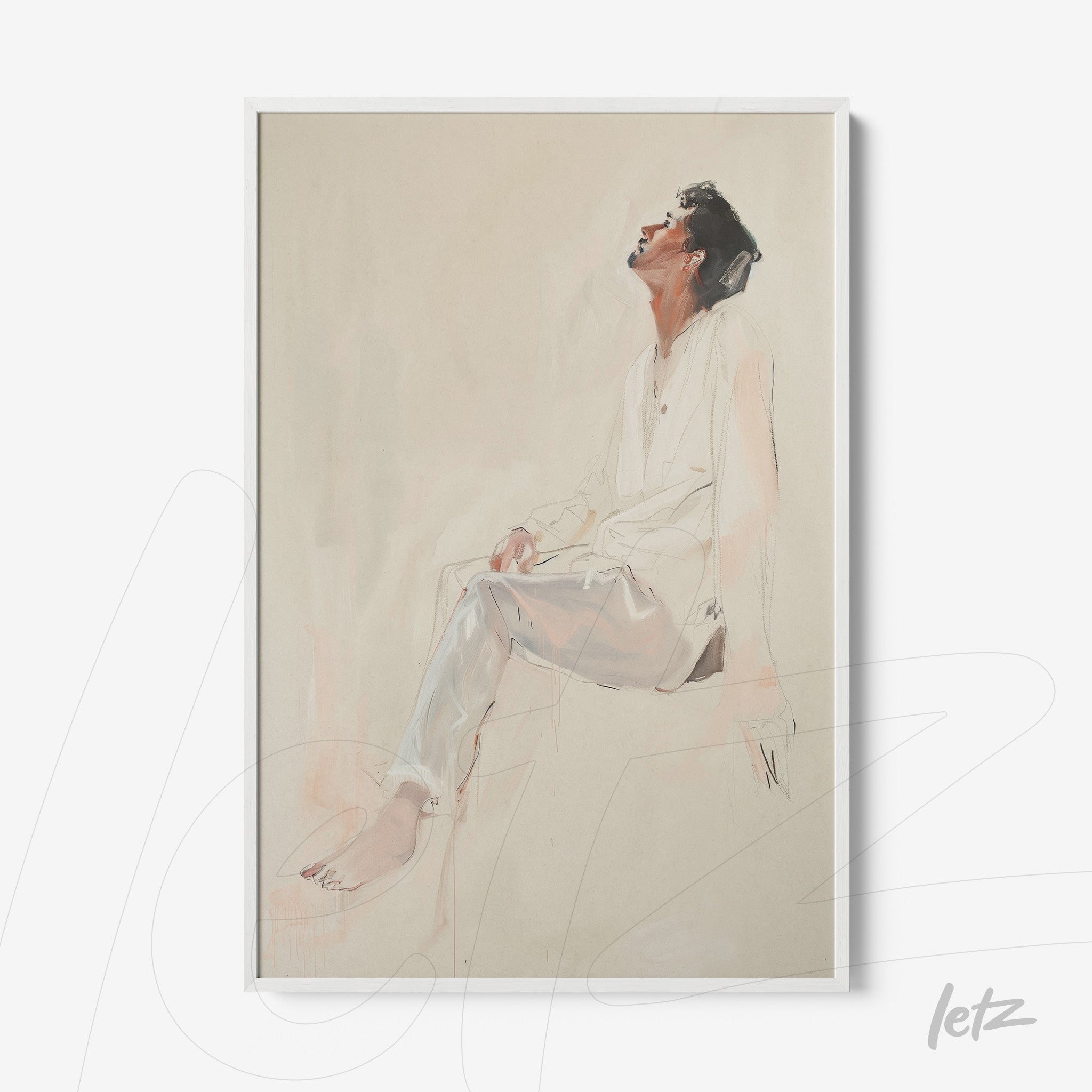 framed artwork featuring a portrait of a seated human figure in soft tones looking upwards with a white frame