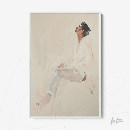 framed artwork featuring a portrait of a seated human figure in soft tones looking upwards with a white frame