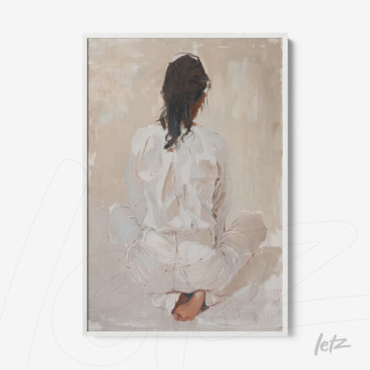 framed art depicting a woman sitting with her back turned wearing white clothing against a soft neutral background with a white frame