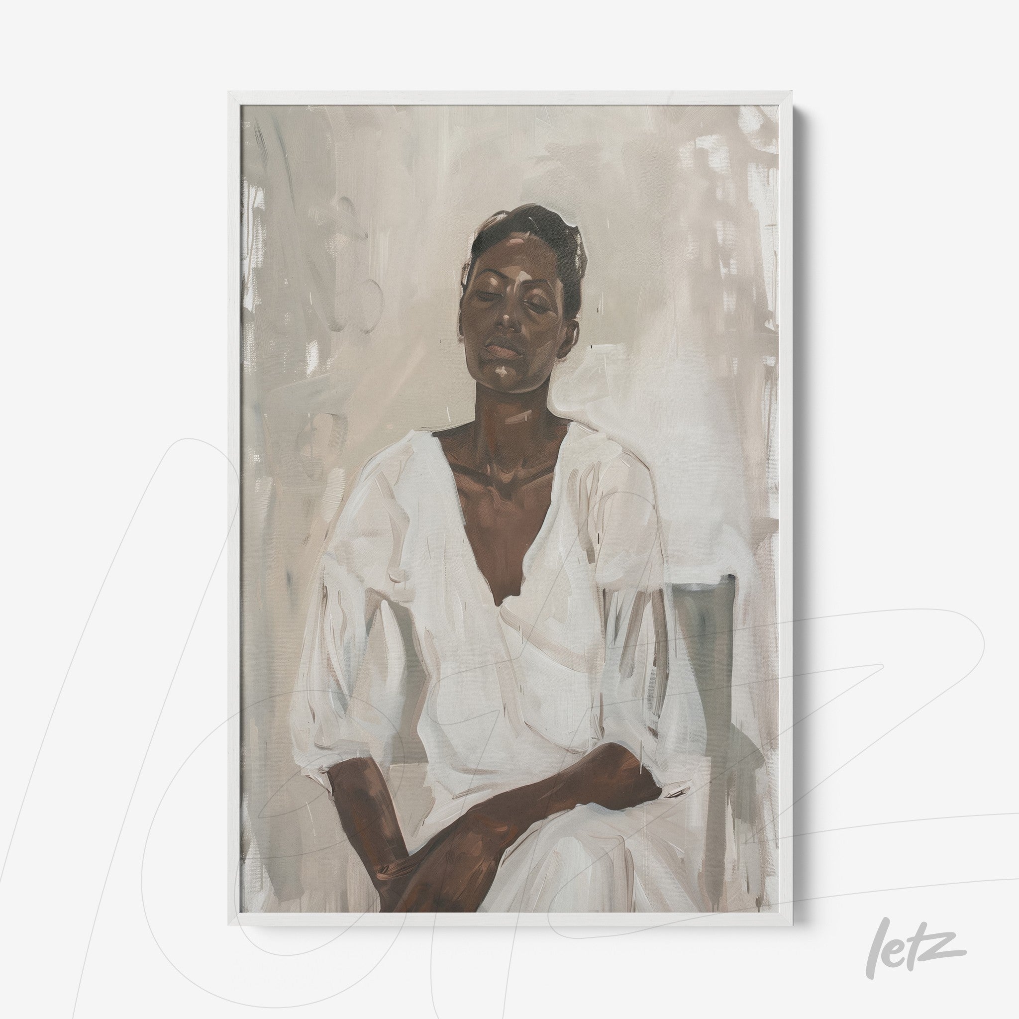 framed artwork featuring a woman in a white dress sitting against a neutral toned background