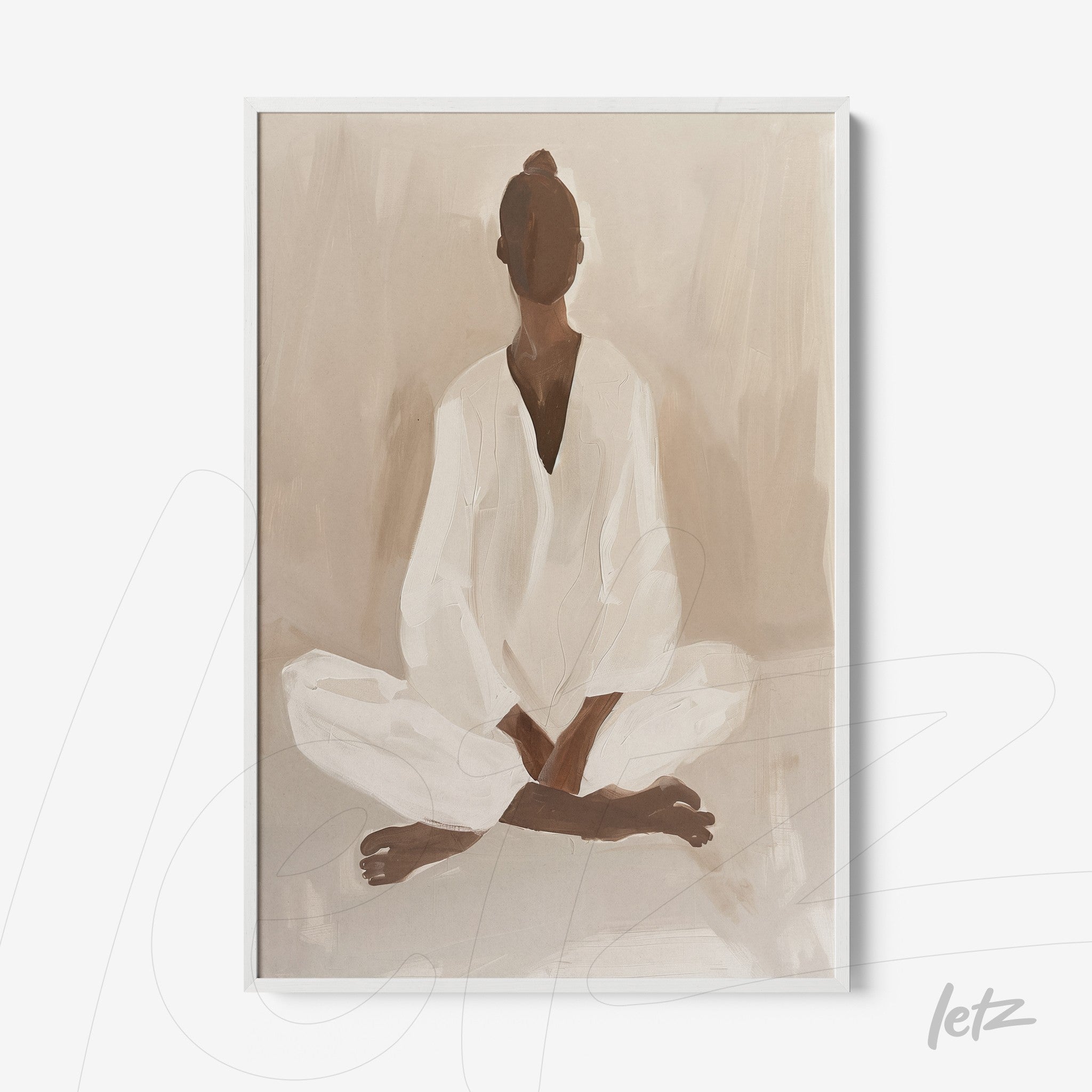 abstract wall art depicting a meditative figure in beige tones with a white frame
