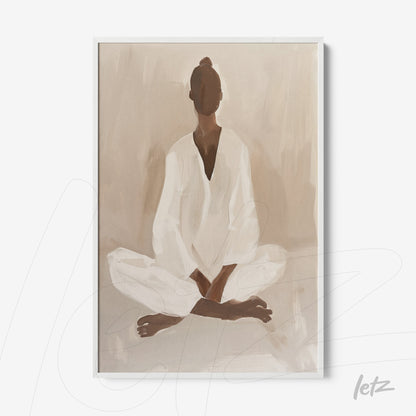 abstract wall art depicting a meditative figure in beige tones with a white frame