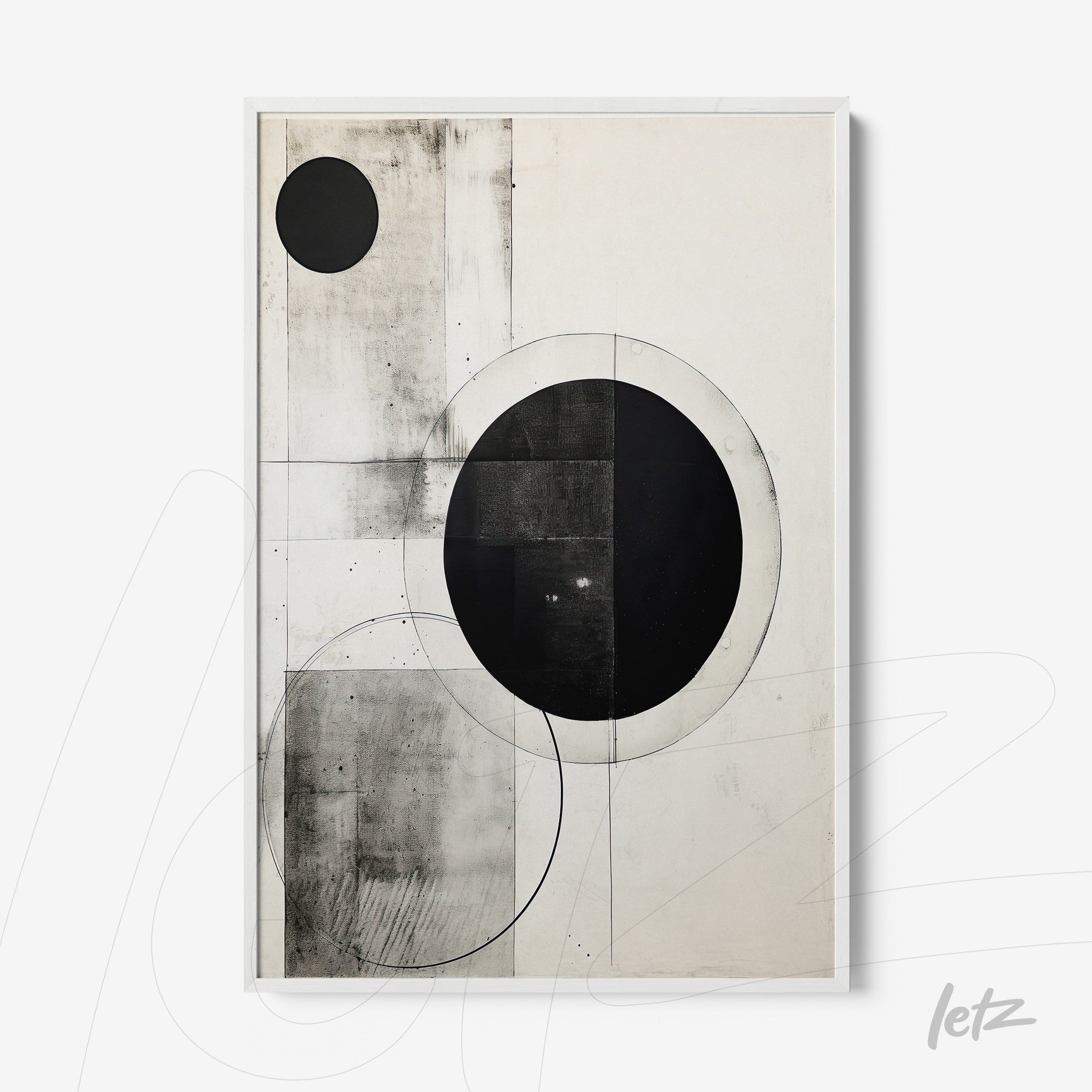 abstract wall art in black and white featuring geometric circles and textures with white frame