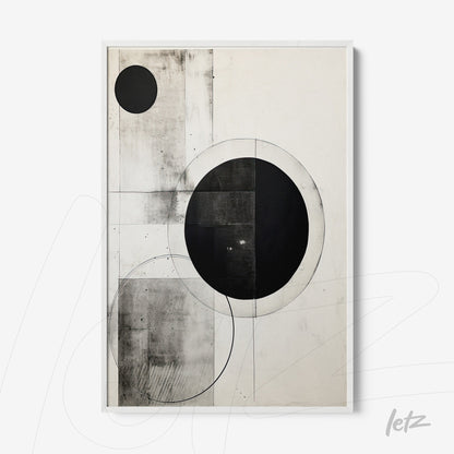 abstract wall art in black and white featuring geometric circles and textures with white frame