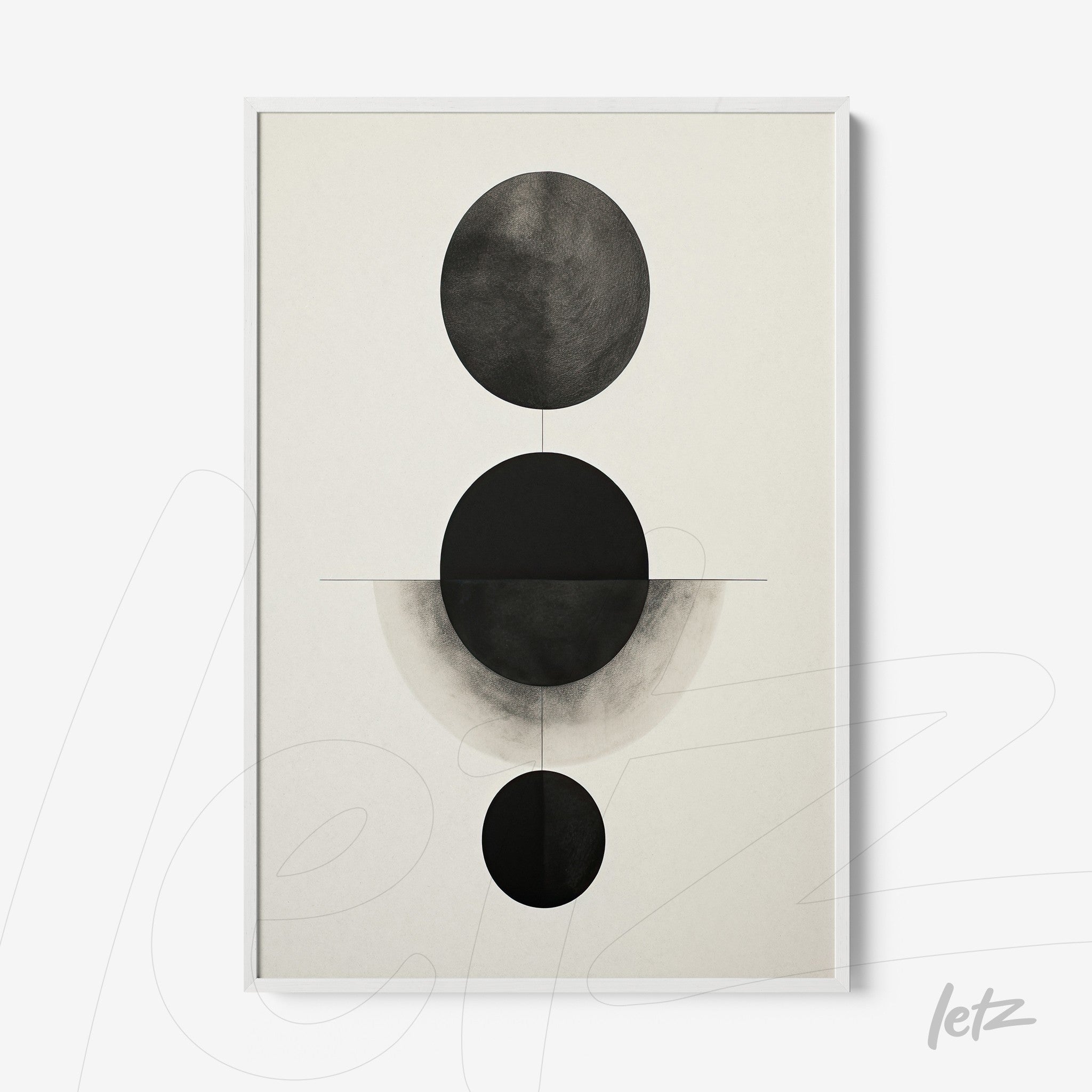abstract art featuring black and white circular shapes in a white frame