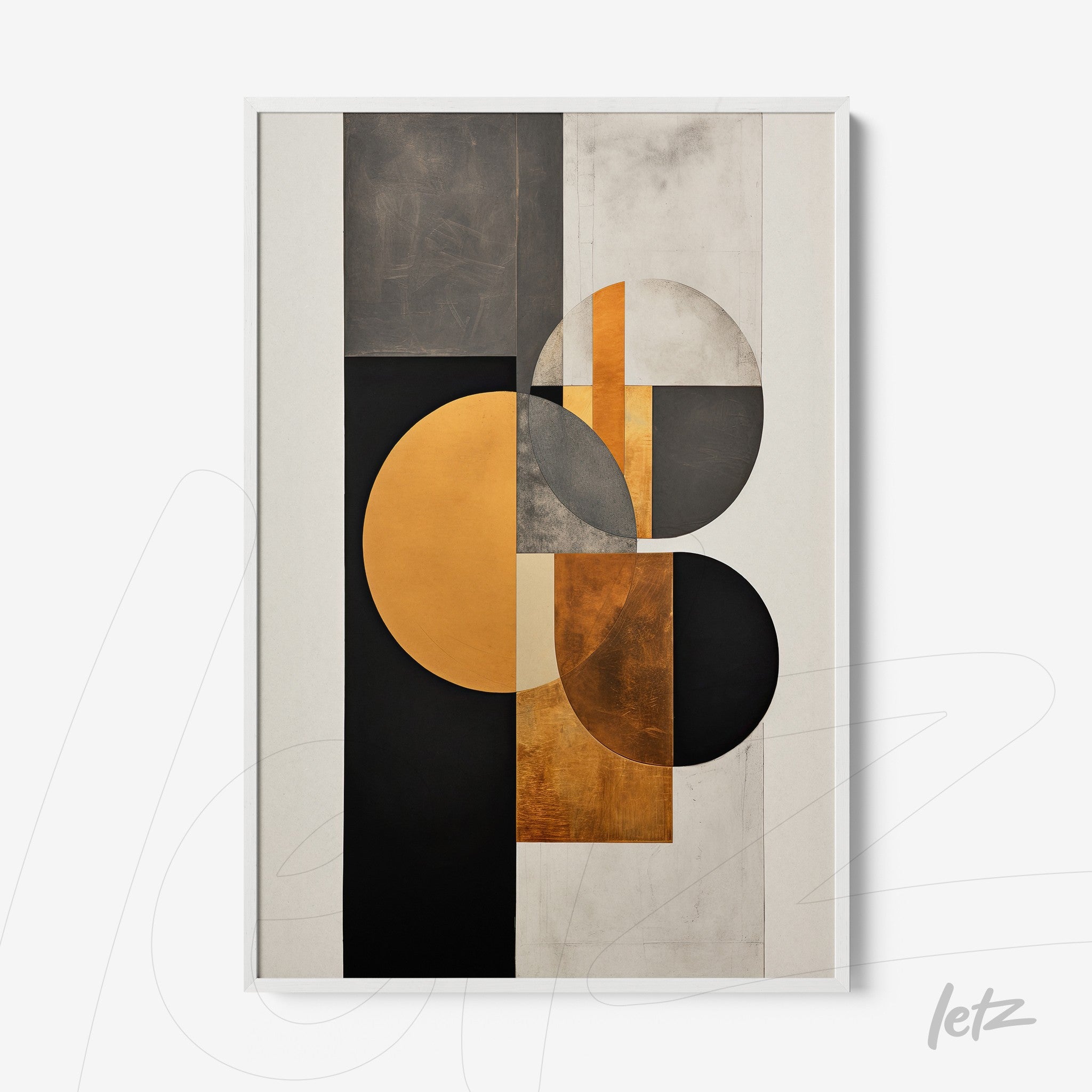 abstract art print featuring black, gold, and gray tones with circular and rectangular geometric shapes in a white frame