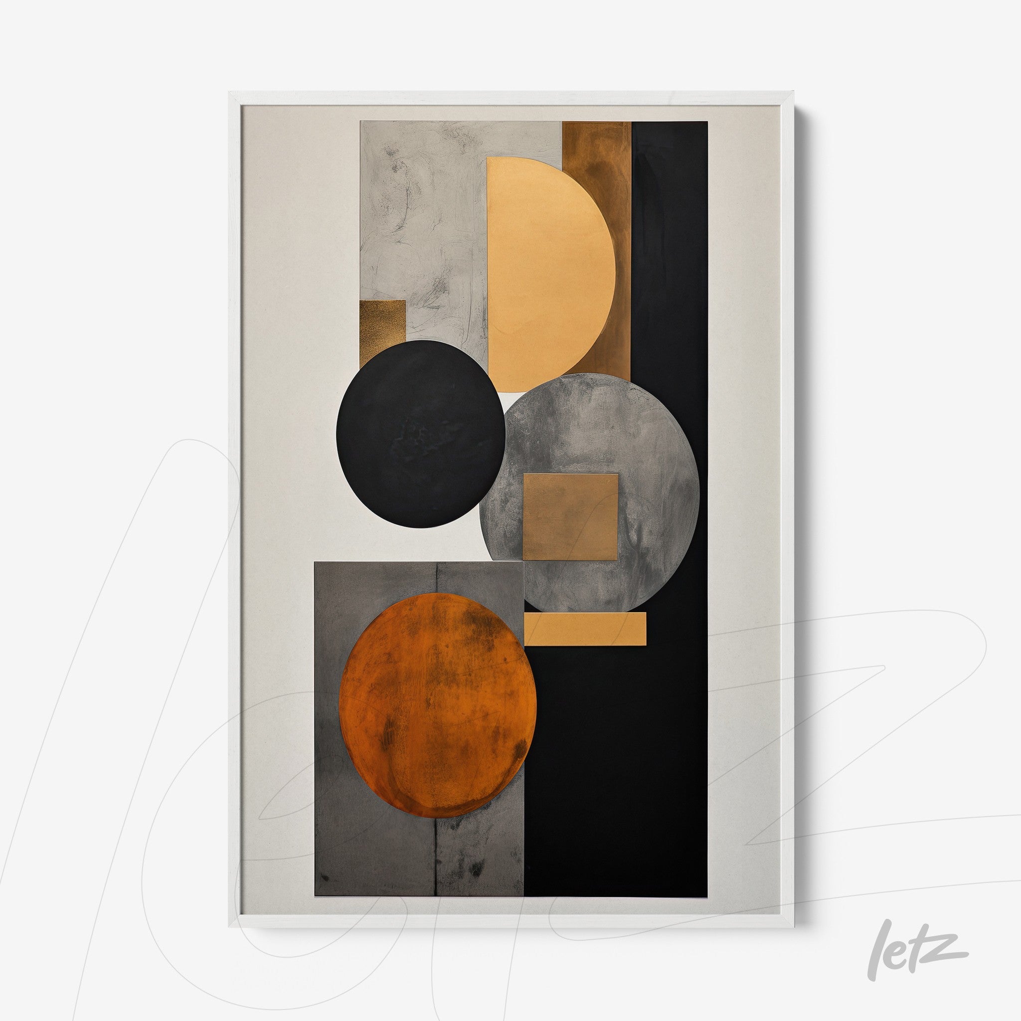 framed art piece featuring abstract design in shades of gray and orange with geometric shapes