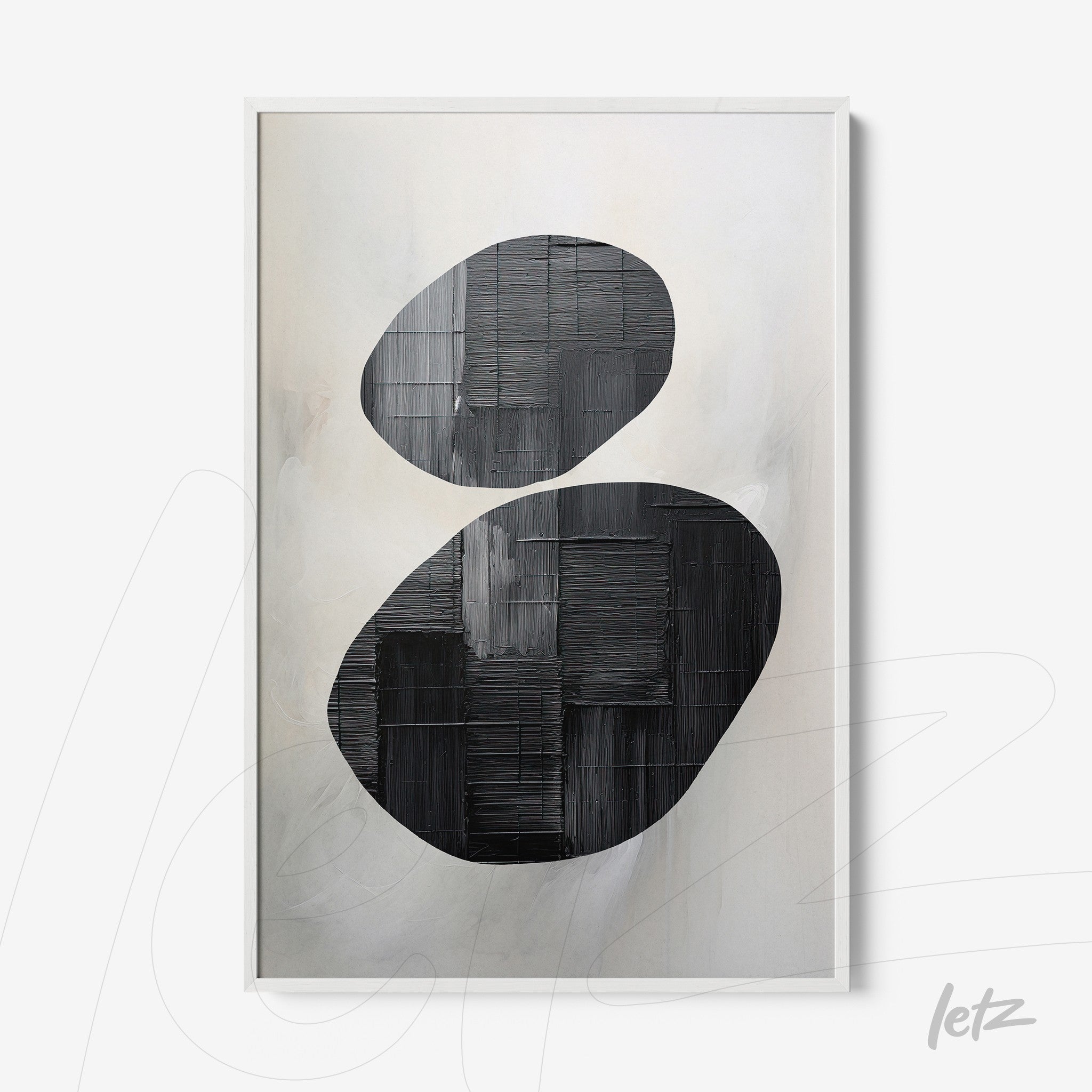 modern wall art featuring abstract black shapes on a light background with a white frame