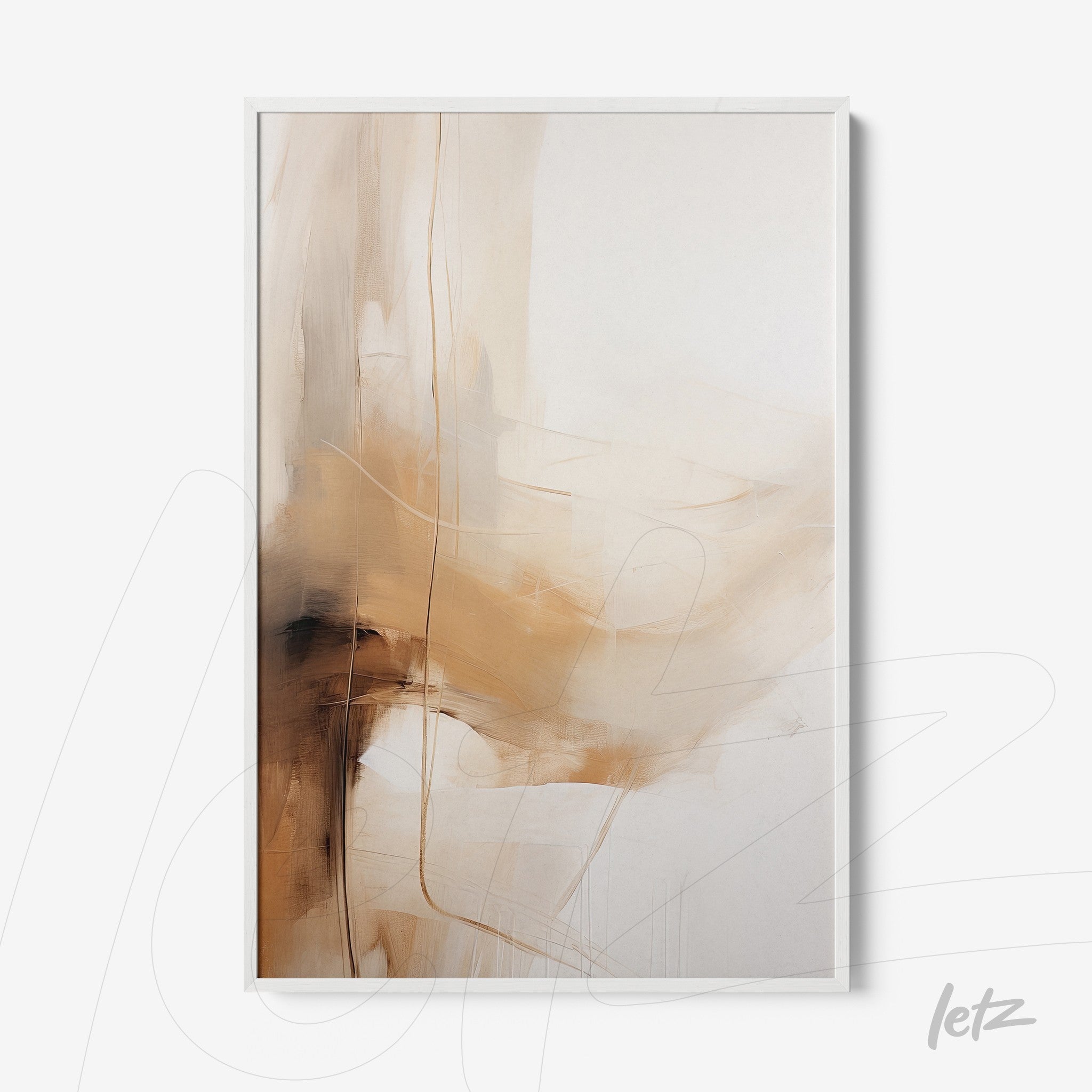 framed wall art featuring abstract composition in light beige and brown tones with white frame