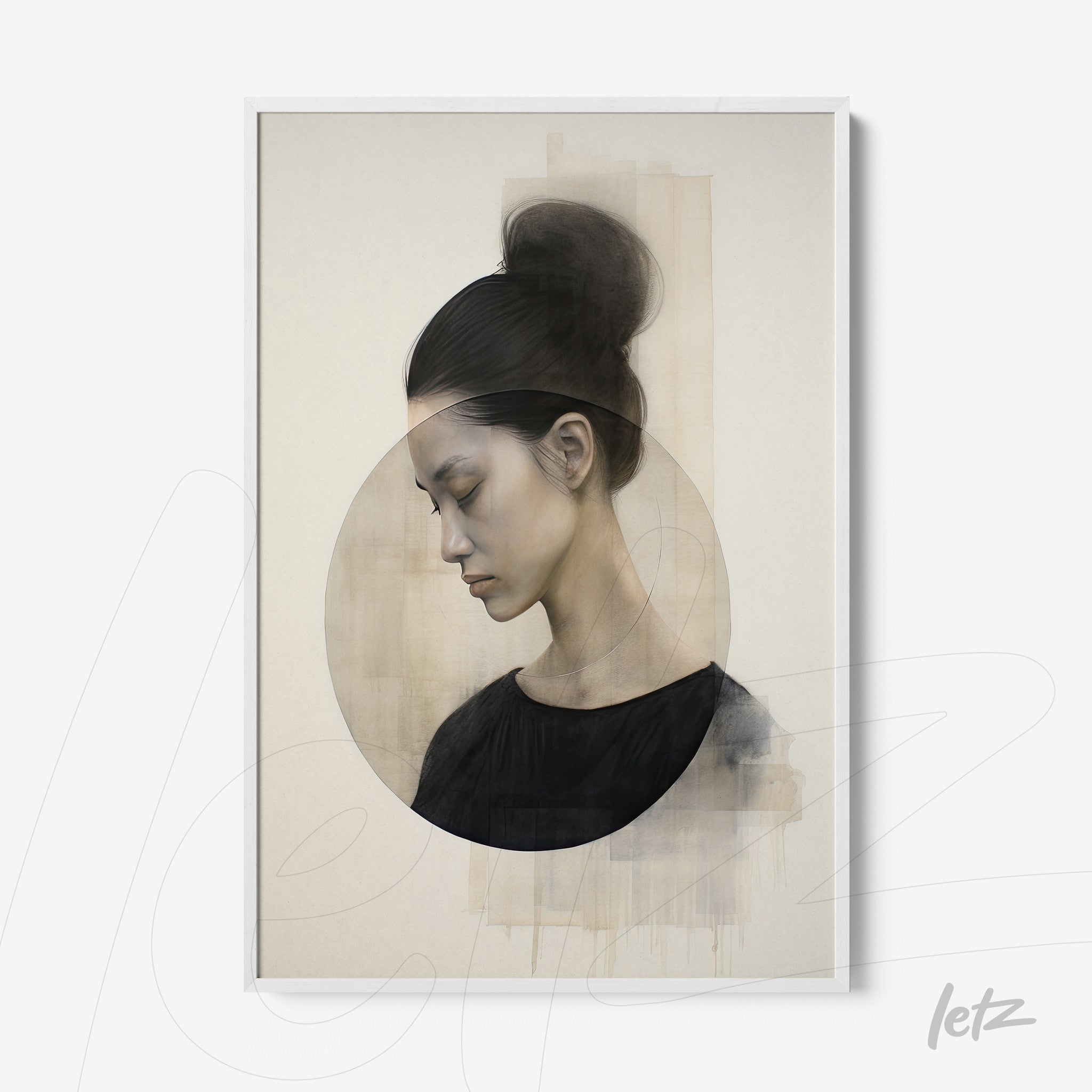 minimalist framed artwork featuring a profile portrait of a woman with a neutral background highlighting overlapping circular shapes