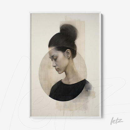 minimalist framed artwork featuring a profile portrait of a woman with a neutral background highlighting overlapping circular shapes