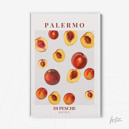 framed artwork of peaches arranged on a light background with white frame