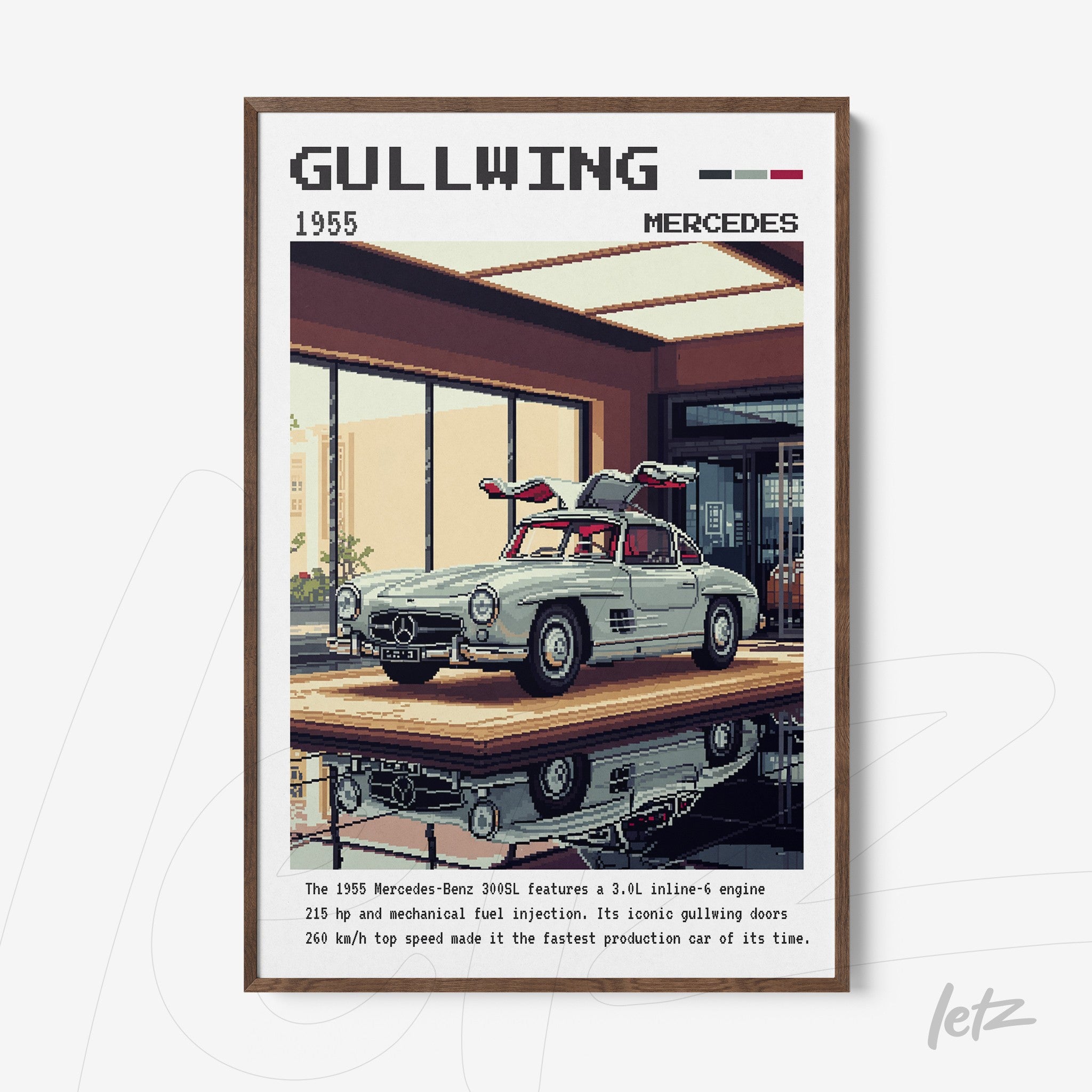 framed art print featuring a vintage illustration of the 1955 Mercedes-Benz 300SL Gullwing against a modern interior background