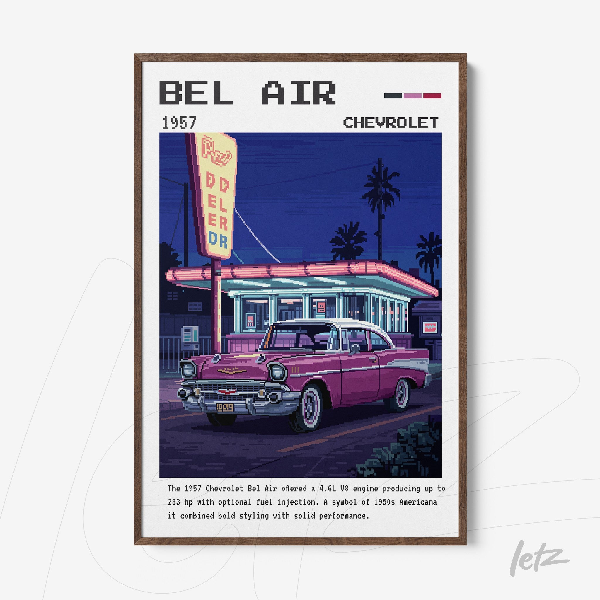 retro style framed art of a 1957 Chevrolet Bel Air with dark wood frame