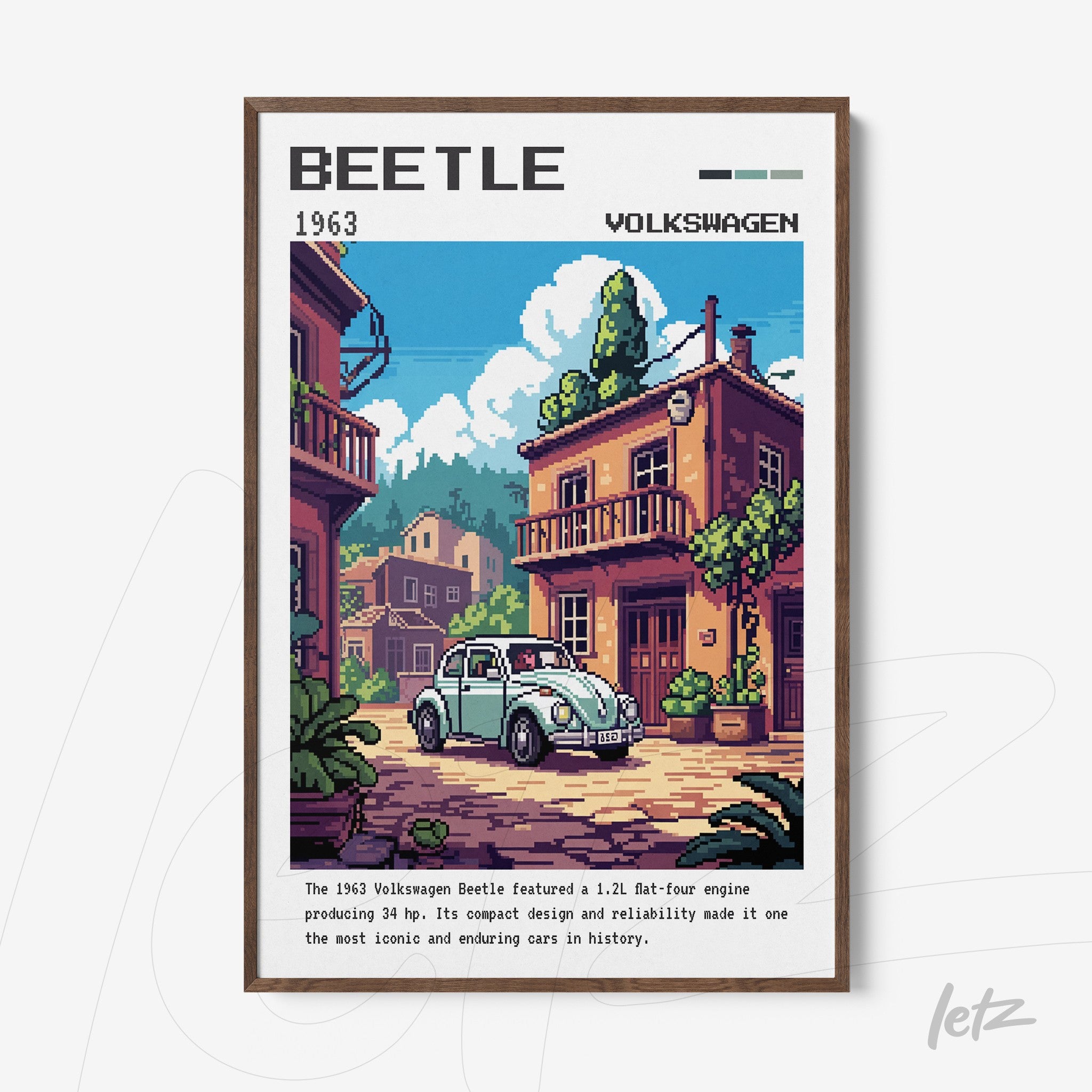 pixel art framed illustration of a 1963 Volkswagen Beetle in an urban scene with colorful houses