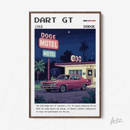 retrofuturistic wall art of 1968 dodge dart gt in front of a motel with pixel art style and light brown frame