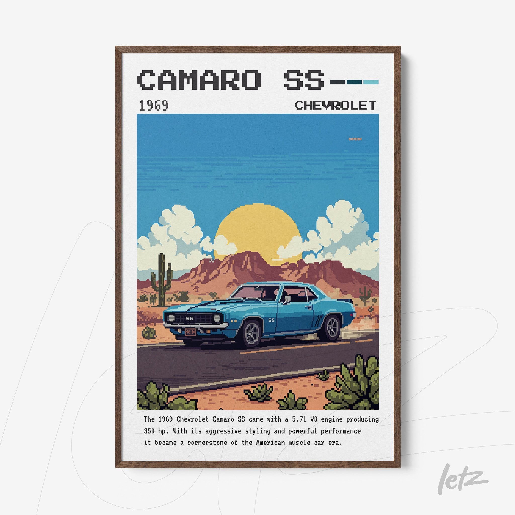 framed pixel art of 1969 camaro ss with tan frame