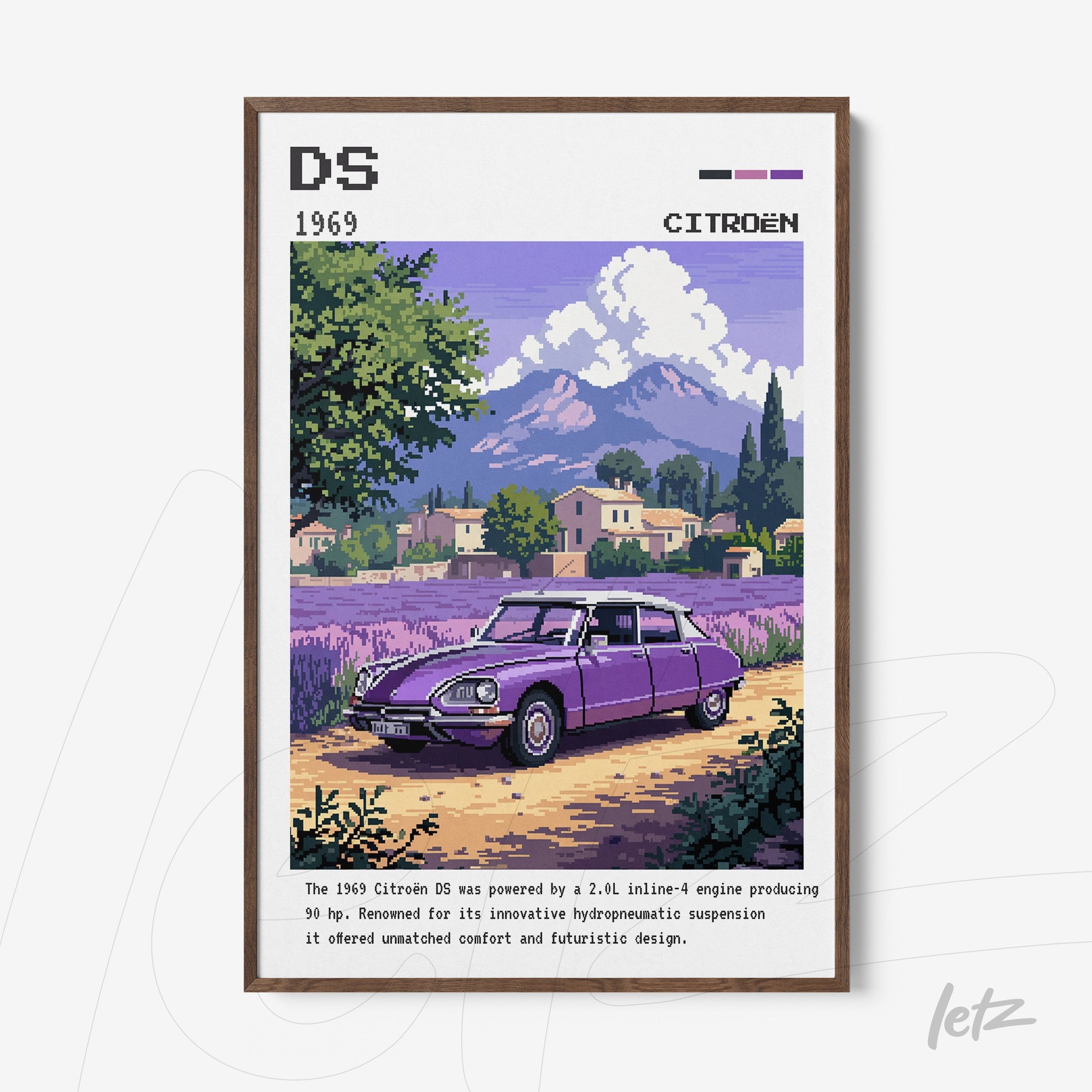 retro digital art of a 1969 Citroën DS in a dark wood frame against a backdrop of mountains and lavender fields