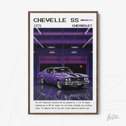 retro style wall art depicting a 1970 Chevrolet Chevelle SS in a dark wood frame