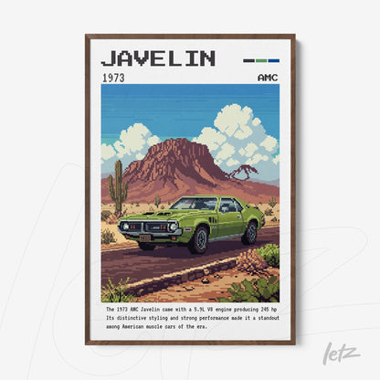 pixel art wall decor featuring a 1973 AMC Javelin against a mountainous backdrop and blue sky
