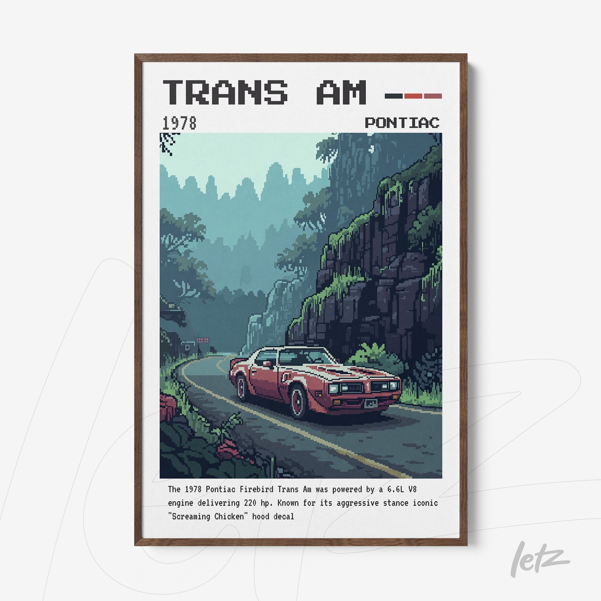 framed pixel art featuring a red Trans Am car on a winding road surrounded by green mountains