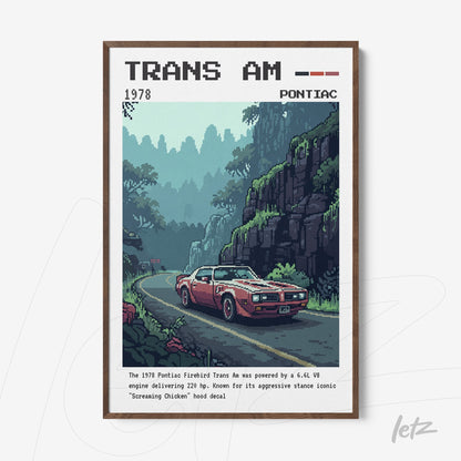 framed pixel art featuring a red Trans Am car on a winding road surrounded by green mountains