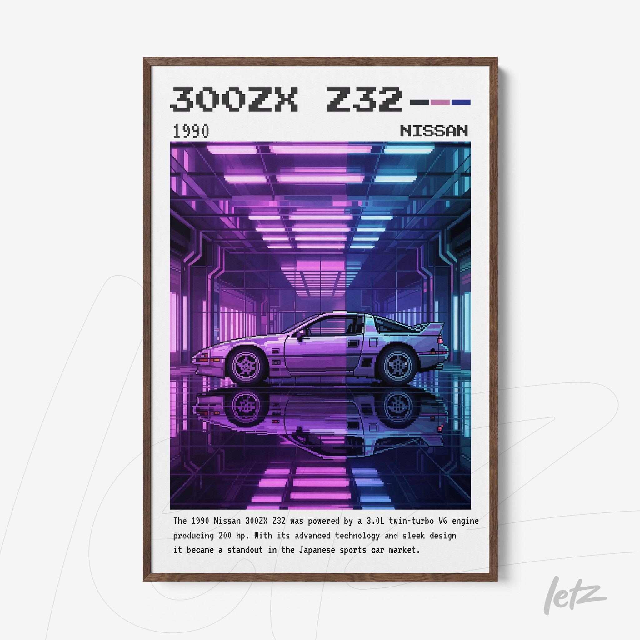 framed artwork featuring retro Nissan 300ZX Z32 car in neon background