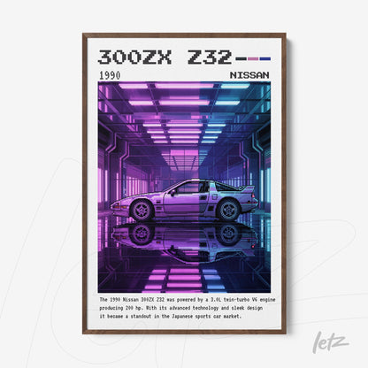 framed artwork featuring retro Nissan 300ZX Z32 car in neon background