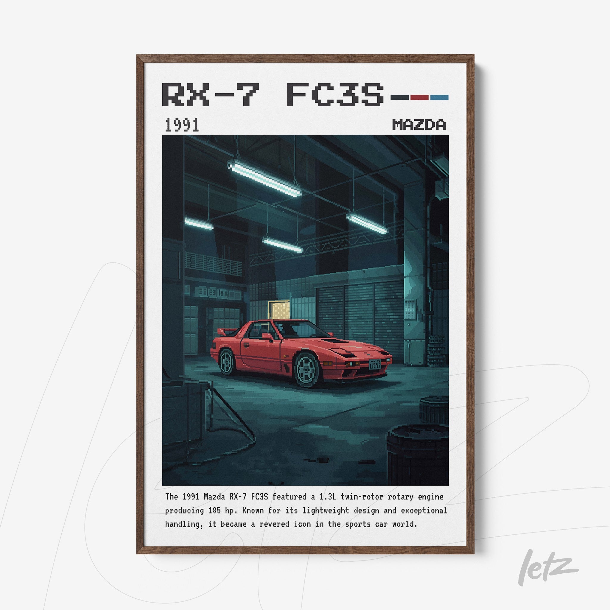 framed pixel art illustration of a 1991 Mazda RX-7 FC3S in dark frame