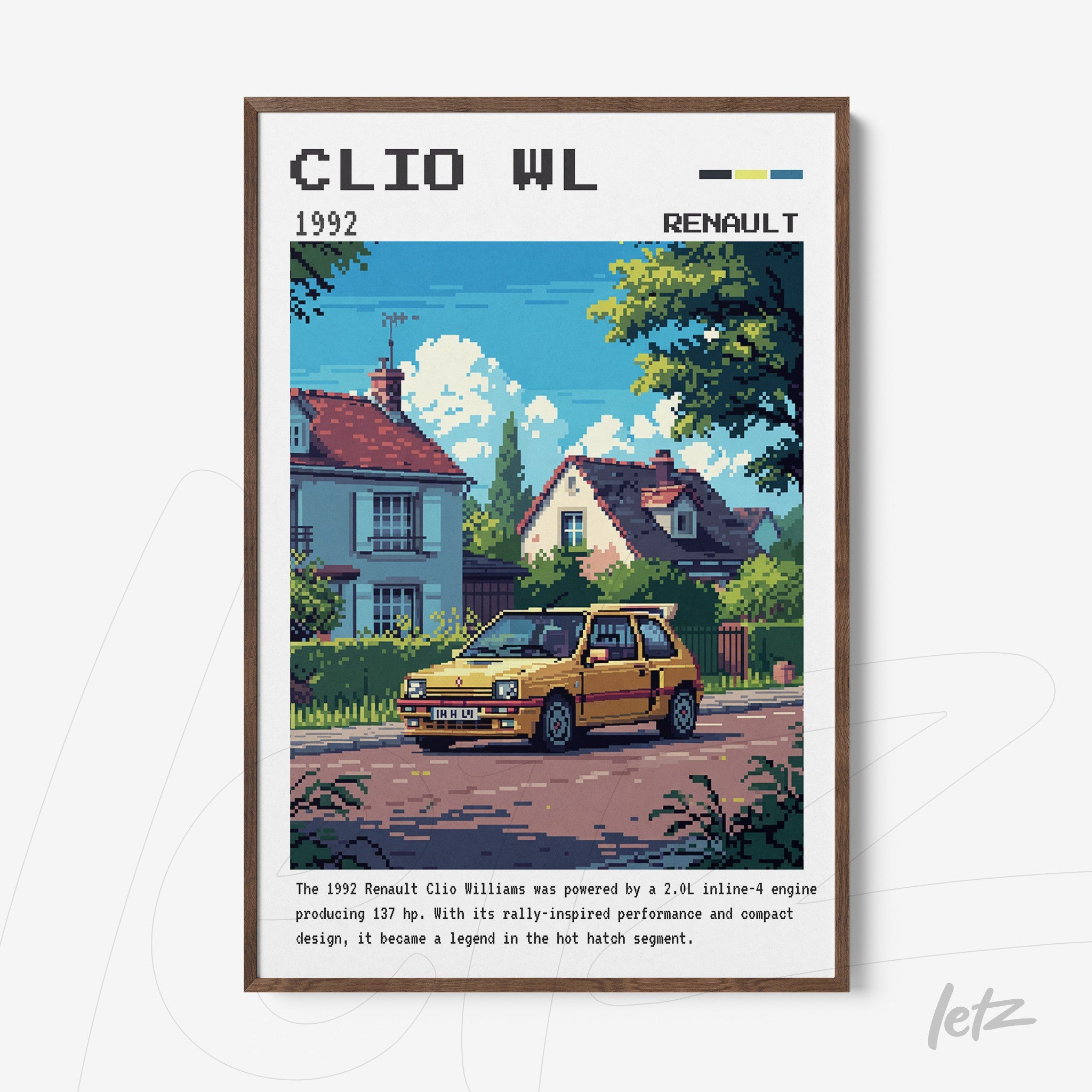 framed pixel art of a yellow Renault Clio Williams parked on a tree-lined street with houses in the background