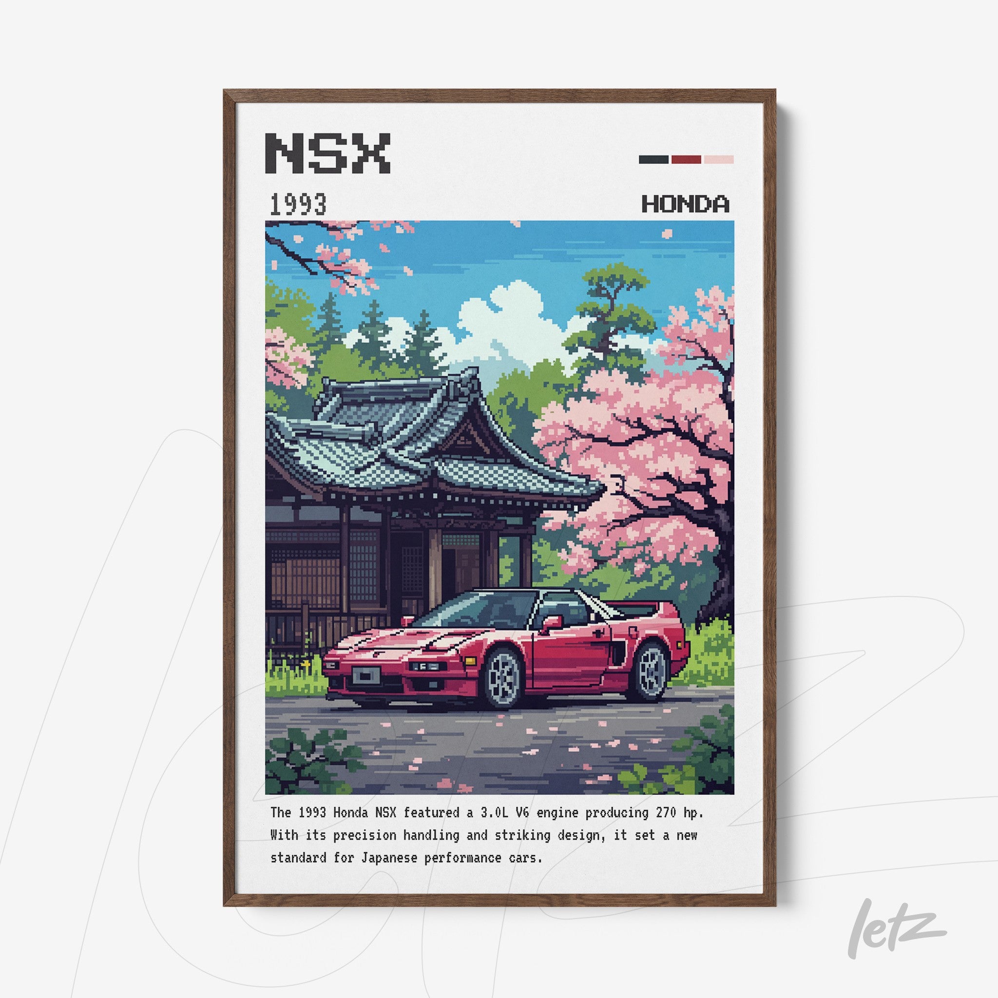 pixel art framed print of a 1993 Honda NSX in front of a Japanese temple with cherry blossom trees