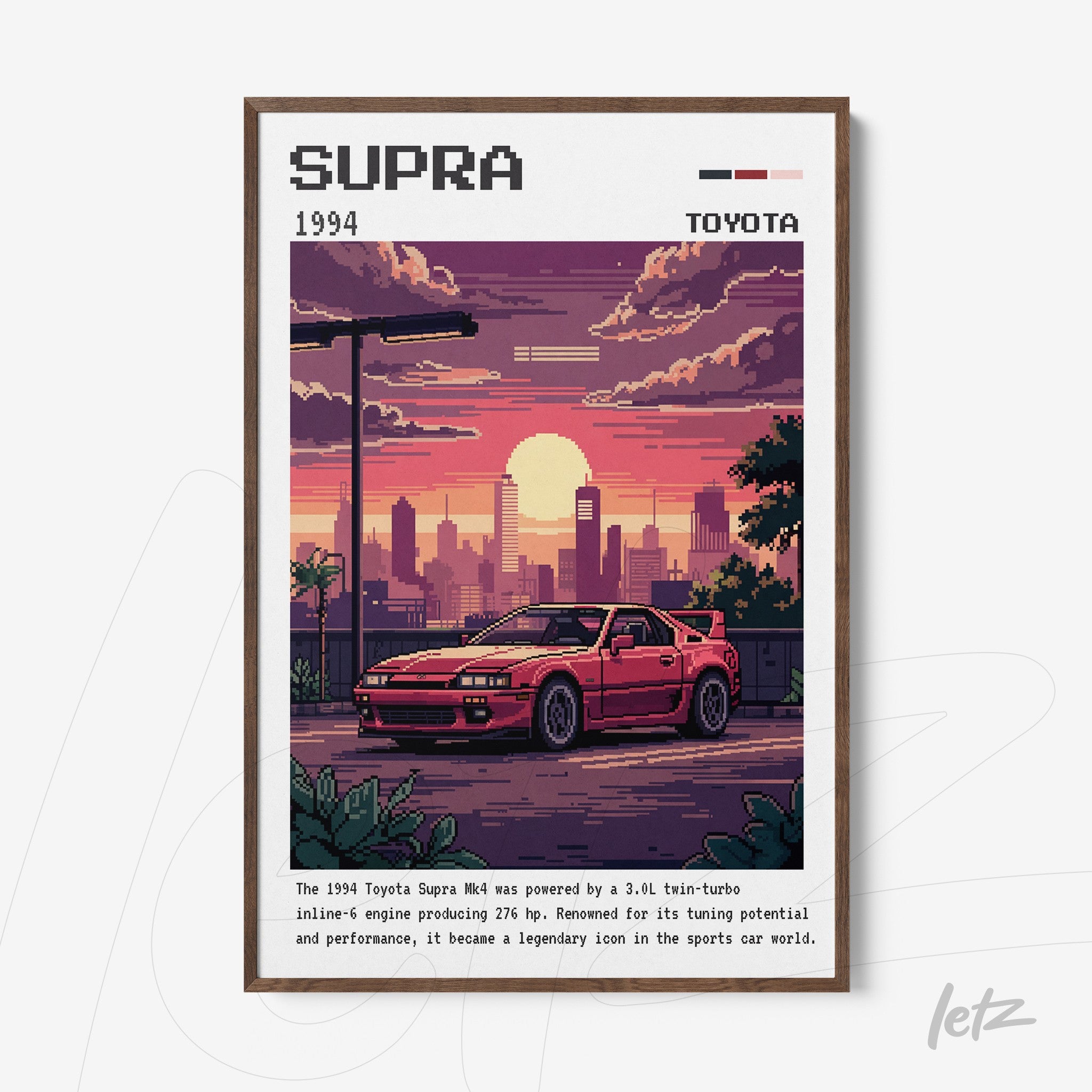 framed pixel art of the 1994 Toyota Supra with dark wood frame