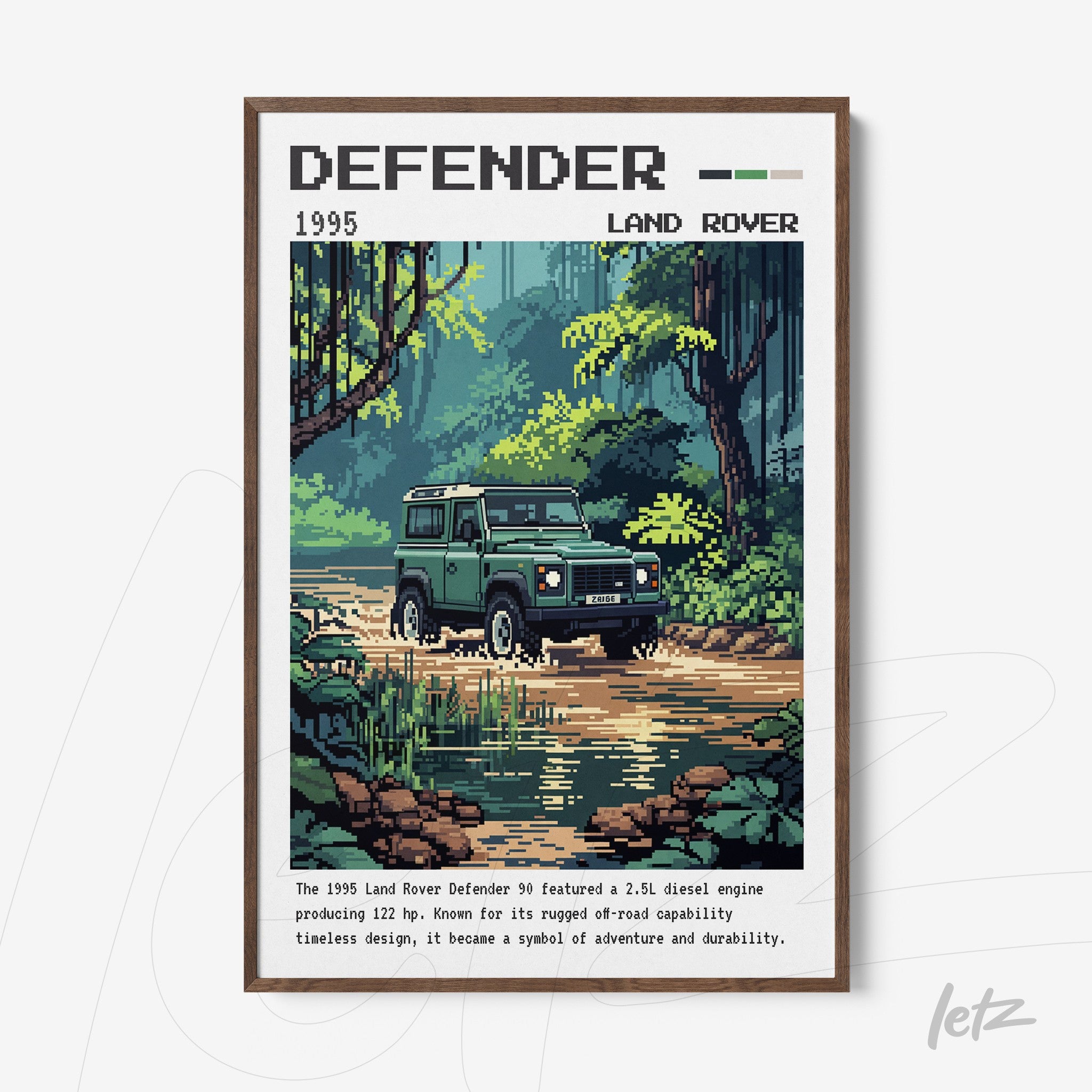 framed pixel art of 1995 land rover defender in a natural setting with dense vegetation and a river