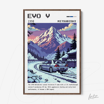 pixel art framed illustration of a Mitsubishi Lancer Evolution V on a snowy mountain road with a backdrop of snow-capped peaks