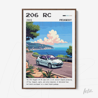 digital artwork of a Peugeot 206 RC on a coastal road with a dark wood frame
