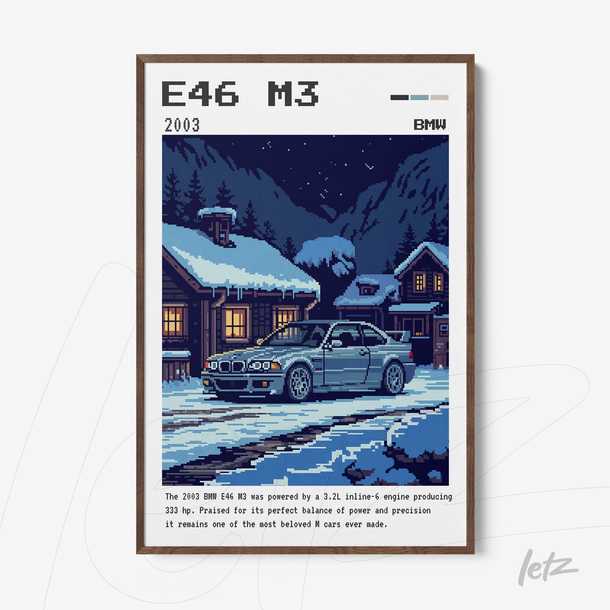 pixel art framed print of a BMW E46 M3 car in a winter scene surrounded by wooden houses and snow with a brown frame