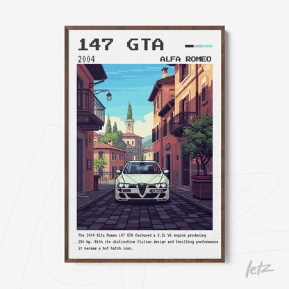 pixel art framed print of Alfa Romeo 147 GTA parked on an Italian street with light wooden frame