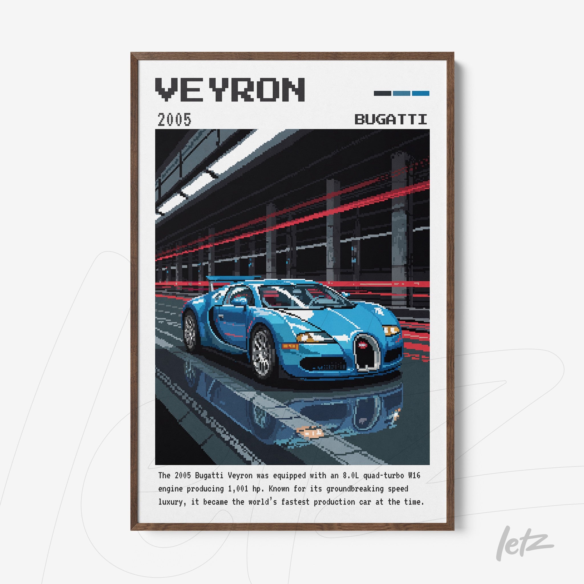 framed art of the 2005 Bugatti Veyron in a garage background