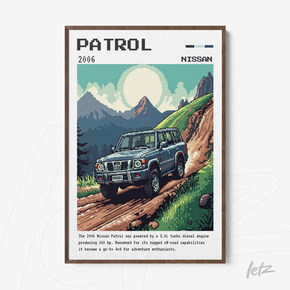 framed pixel art illustration of a 2006 Nissan Patrol on a rugged road with mountains in the background