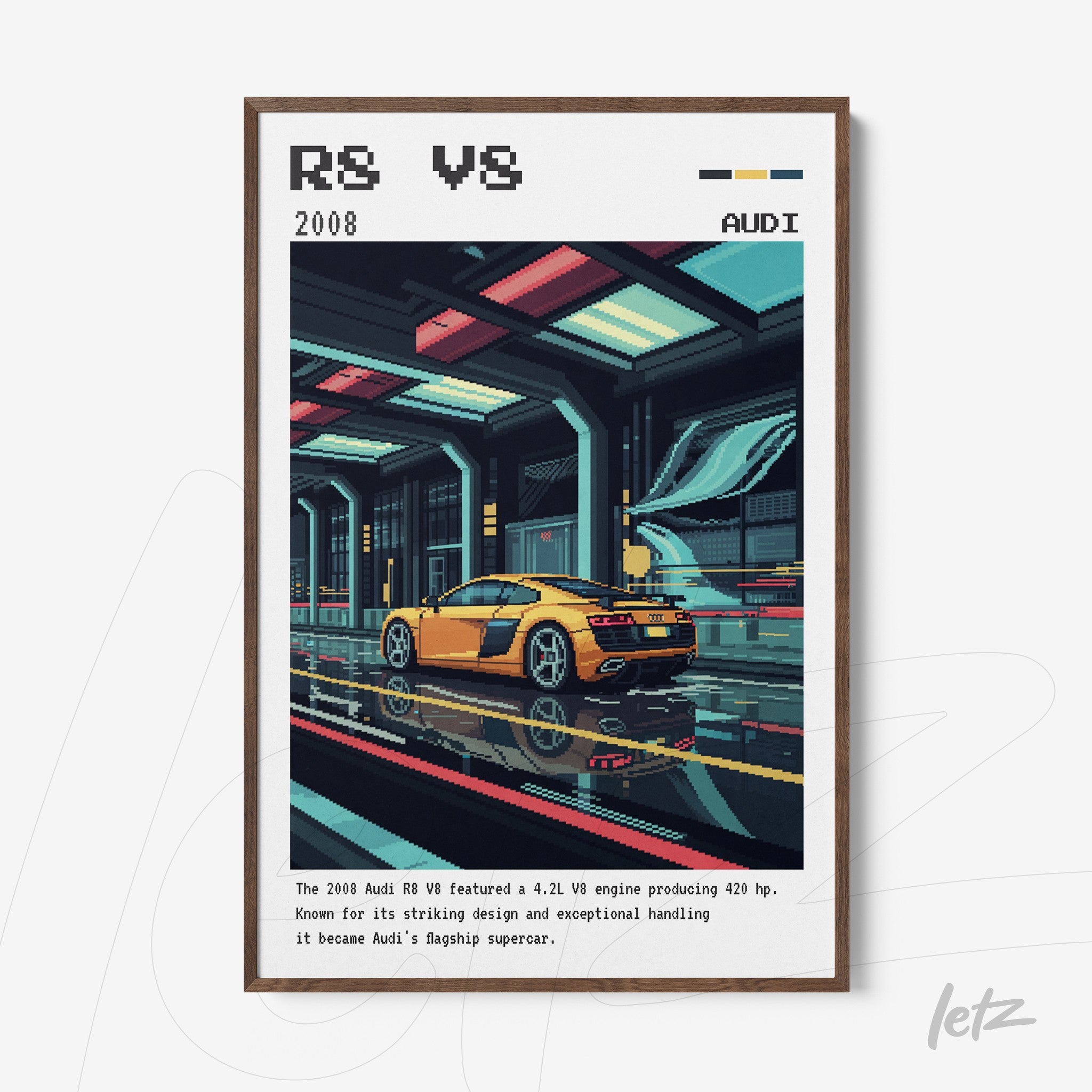 framed digital artwork of a yellow sports car in a futuristic setting with a dark wood frame