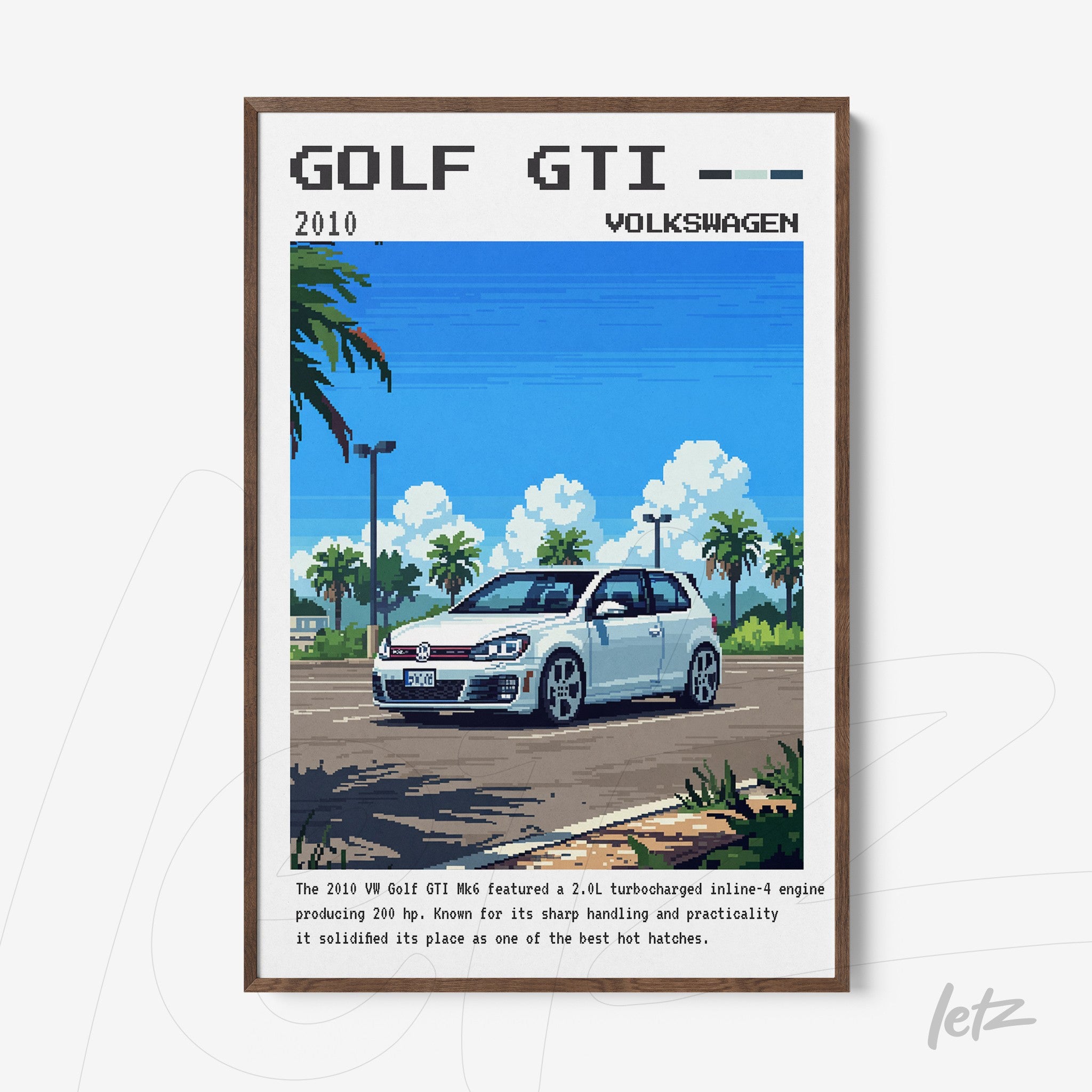 pixel art framed illustration of a 2010 Volkswagen Golf GTI in an urban landscape with trees