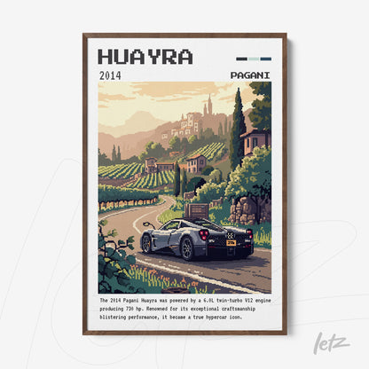 pixel art poster of Pagani Huayra car set in a rural landscape with vineyards