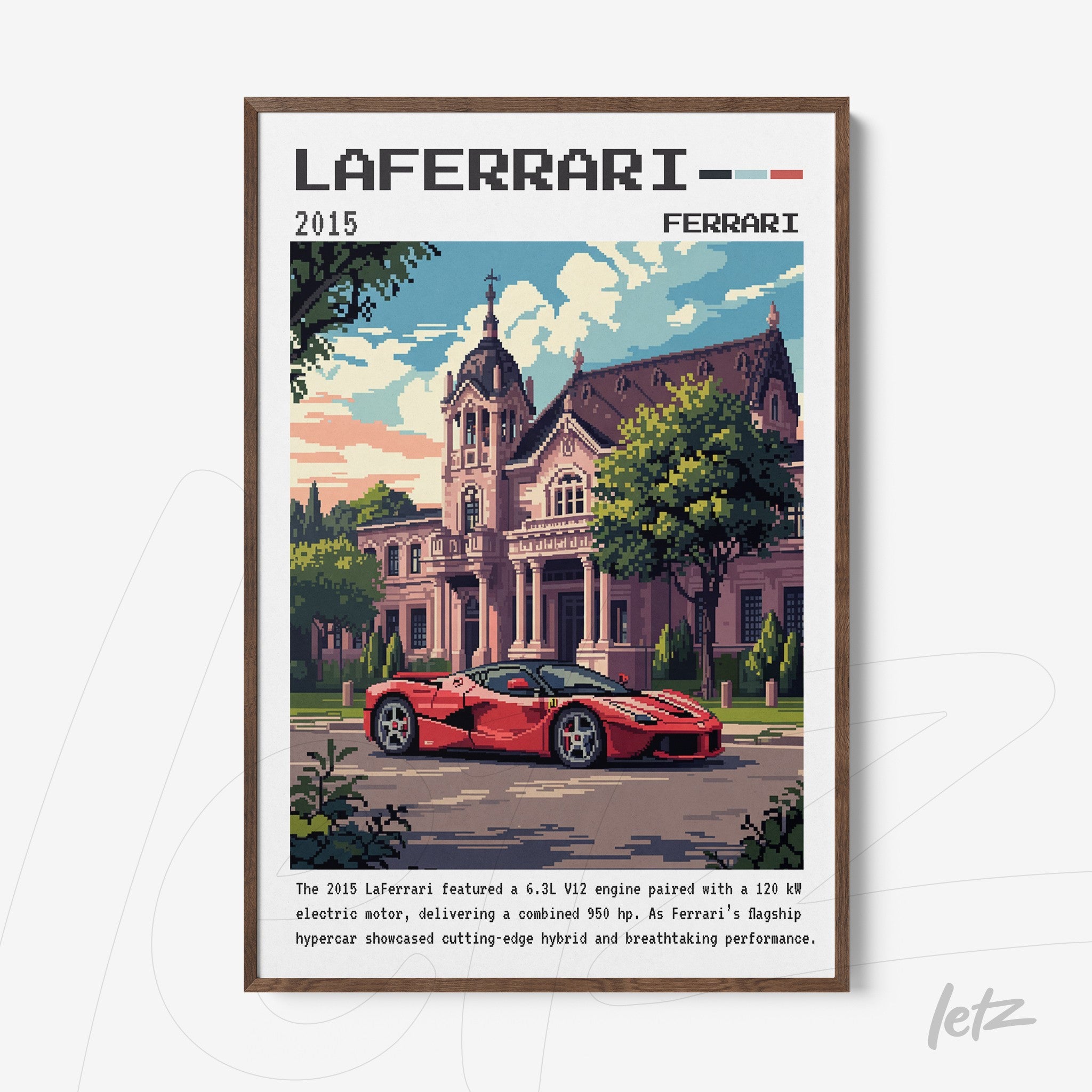 retro style framed art of LaFerrari parked in front of a mansion with dark wood frame