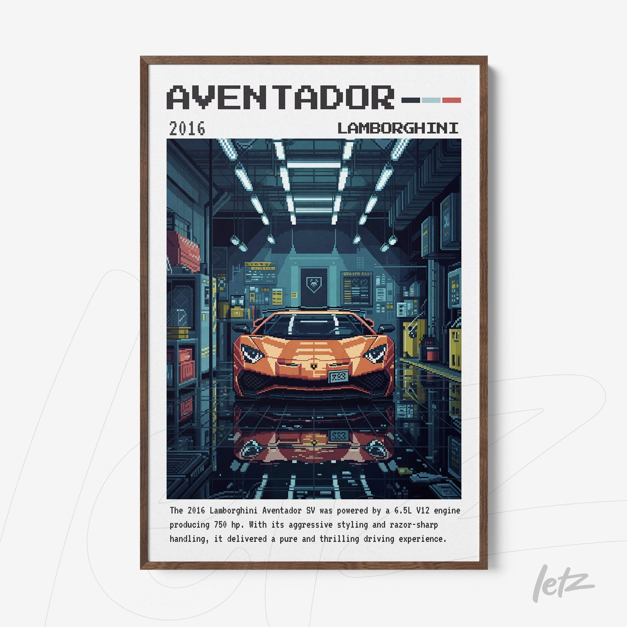 framed pixel art of a 2016 Lamborghini Aventador in a garage setting, showcasing car details and industrial lighting