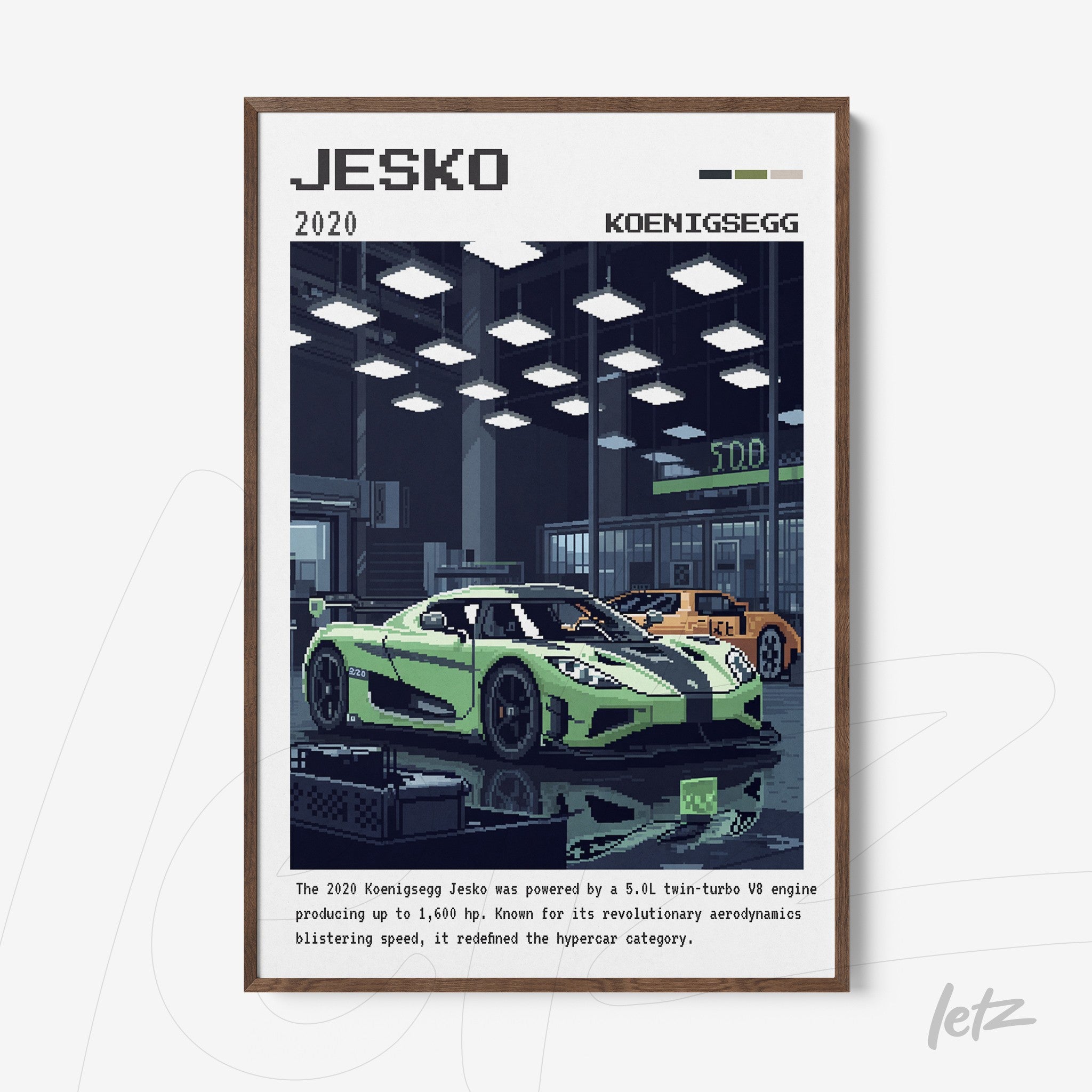 framed wall art featuring a digital illustration of the Koenigsegg Jesko in a workshop setting with sports cars in the background